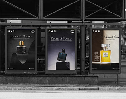 Three vertical perfume advertisement posters displayed side-by-side on a black metal outdoor bus stop shelter. The posters feature dark, elegant perfume bottles with gold and black details, with text including 'Essence of Elegance', 'Scent of Desire', and 'Vogue of Desire'.