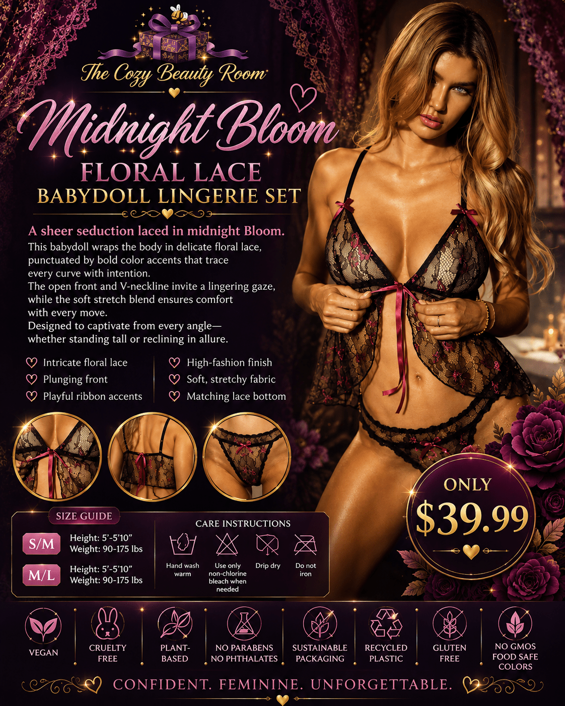 Midnight Bloom Floral Lace Babydoll Set 🖤🌹 - 💜 The Cozy Beauty Room